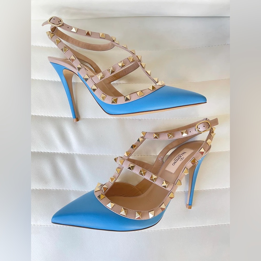 Valentino Garavani Rockstud Rockstuds Studded Ankle Strap Blue Ciel Pumps